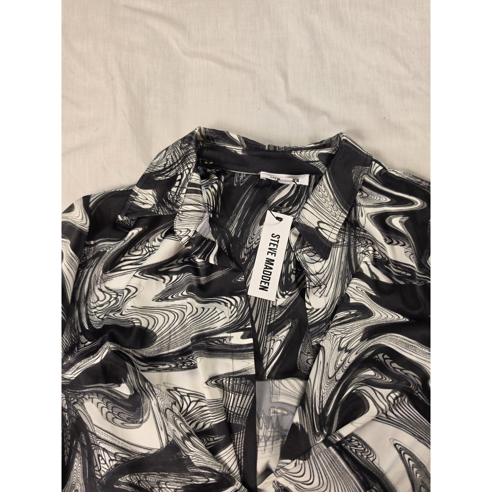 Steve Madden Dress Womens Medium Black White Abstract Wrap Bodycon Long Sleeve